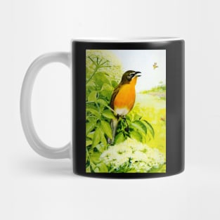 Birdie in the pine tree, colorful vintage design. Mug